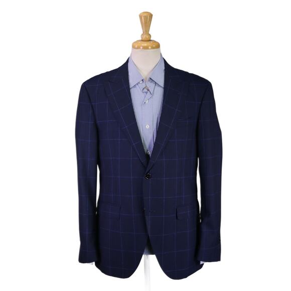 Massimo Dutti Blue Windowpane Peak Lapel Wool Sportcoat Blazer Slim Fit 42R - Picture 1 of 12